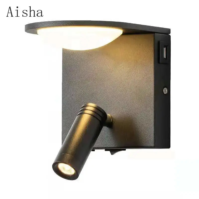 Black Aisha brand wall lamp with led rotary square design, flat overhead panel, adjustable spotlight, and USB charging