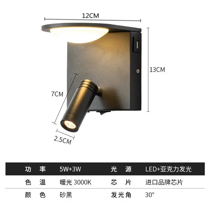 Black matte finish led rotary square wall lamp with usb port and adjustable directional beam for home and study