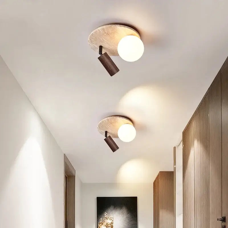 Modern decorbites™ led rotatable ceiling lamp with white glass, yellow travertine stone bases, and dark wood arms