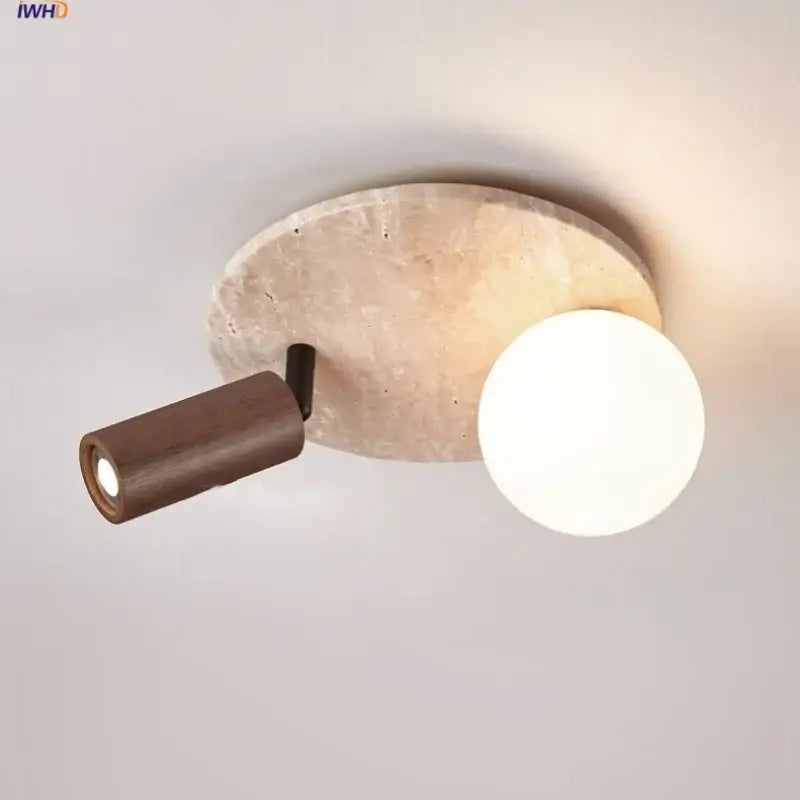 Modern decorbites™ led rotatable ceiling lamp with beige travertine base, dark wood arm, and white glass spherical bulb
