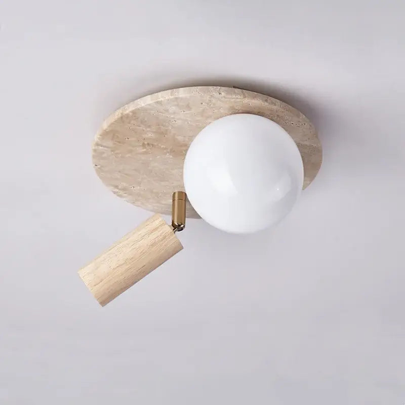 Modern decorbites led rotatable ceiling lamp with beige travertine stone base white glass bulb and wooden shade