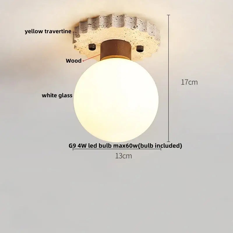Decorbites led rotatable ceiling lamp with rounded white glass globe and yellow travertine wood base in nordic modern style