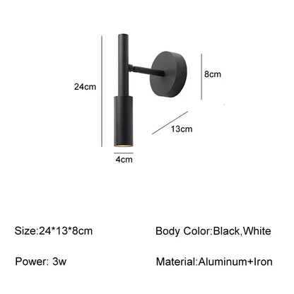 Black minimalist led rotatable wall lamp with cylindrical aluminum and iron design for bedroom sconce lighting