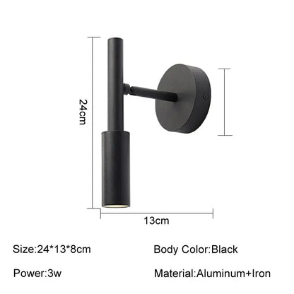 Black minimalist DecorBites™ led rotatable wall lamp with sleek cylindrical aluminum and iron design for bedroom use