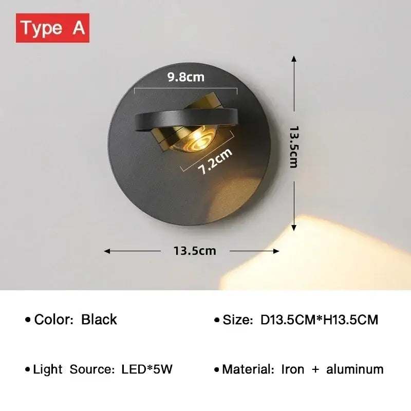 Decorbites™ black led rotatable wall lamp with gold-tone adjustable fixture in iron and aluminum for modern indoor use