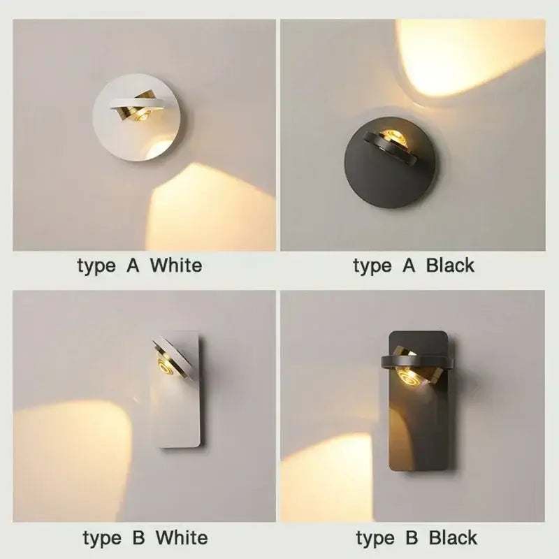 Modern minimalist DecorBites™ LED rotatable wall lamp in white and black metal finishes with warm light for indoor use