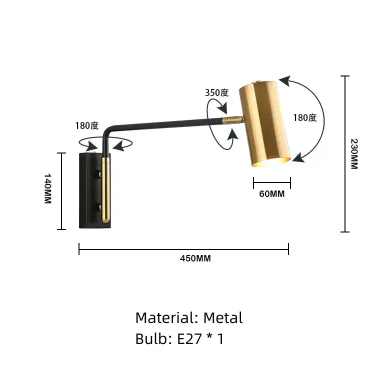 Adjustable brass-finished metal wall lamp with sleek black arm and 350-degree swivel head led rotatable wall sconce