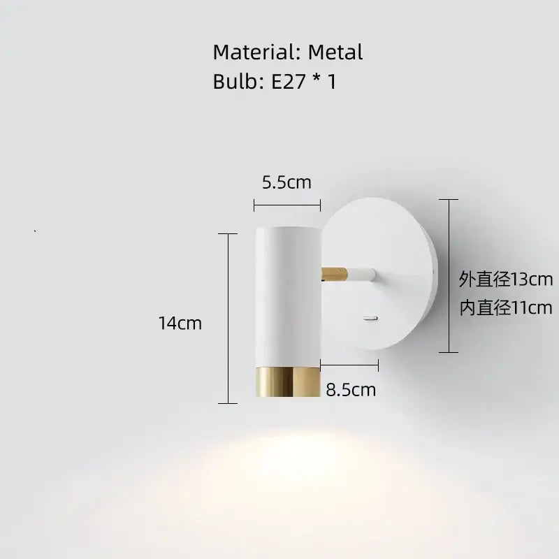 Minimalist white and brass metal DecorBites™ led rotatable wall lamp with cylindrical shade and E27 bulb socket