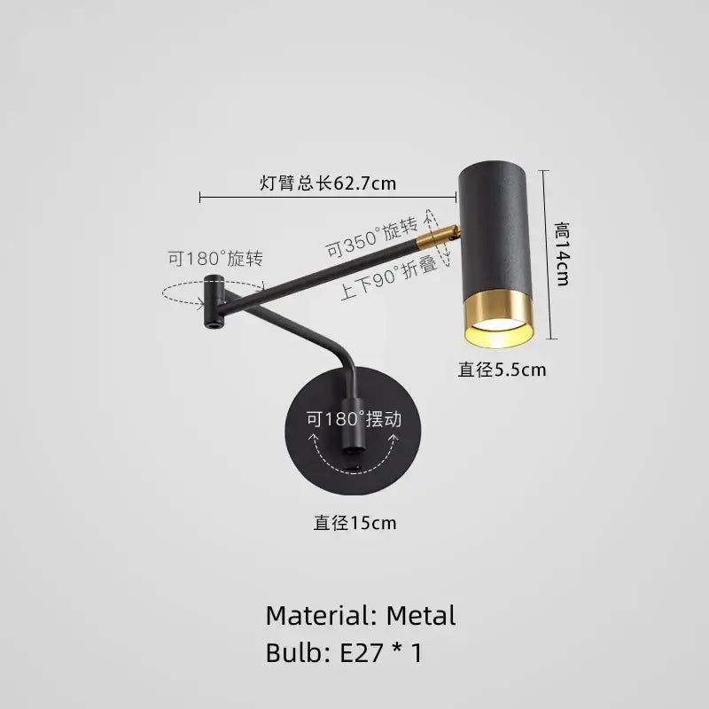 Black metal wall lamp with gold-accented cylindrical shade and adjustable arms decorbites led rotatable wall lamp