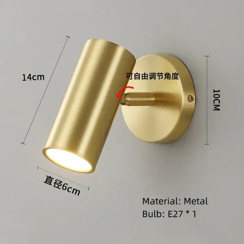 Gold-colored metal decorbites™ led rotatable wall lamp with adjustable cylindrical spotlight and e27 bulb socket
