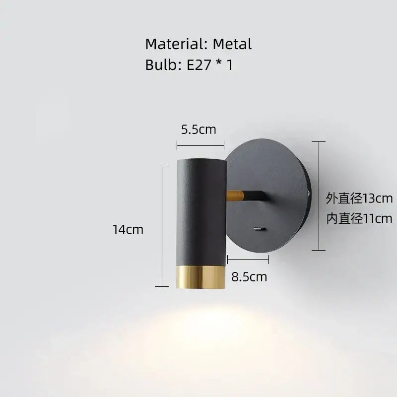 Modern black and brass metal decorbites led rotatable wall lamp with cylindrical shade and e27 bulb socket