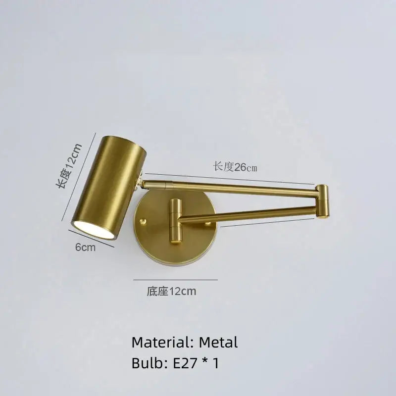 Gold-finished metal wall lamp with adjustable rotatable arm and cylindrical head for decorbites led rotatable wall lamp