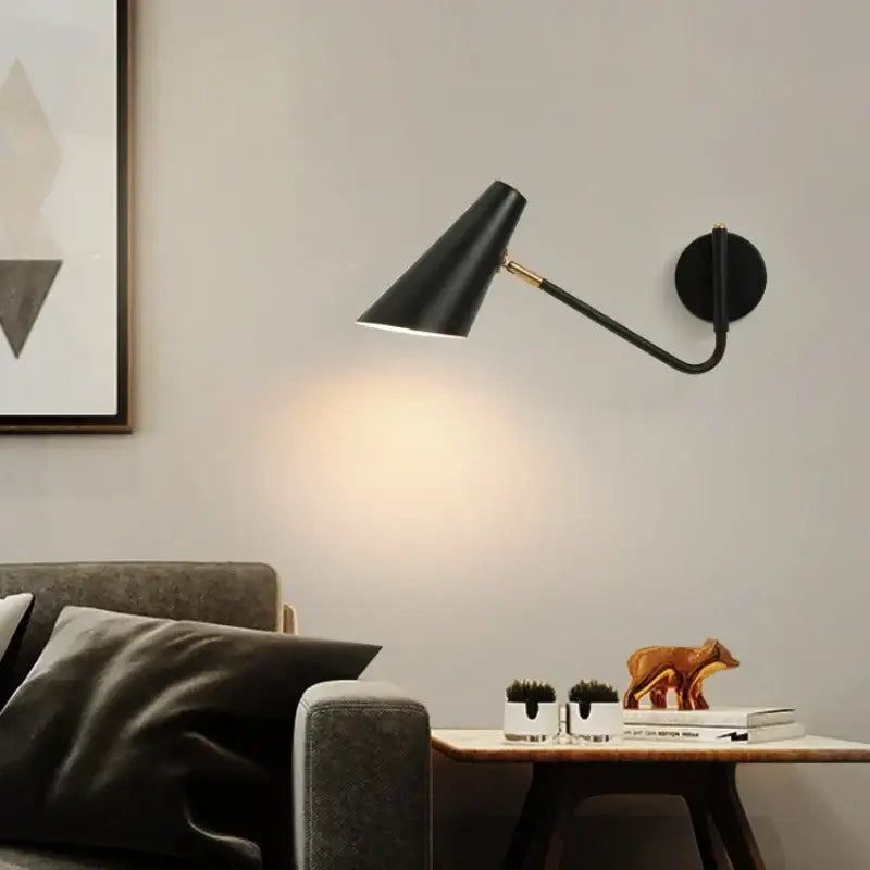 Black conical metal wall lamp with gold accent arm decorbites led rotatable wall lamp with e27 bulb socket