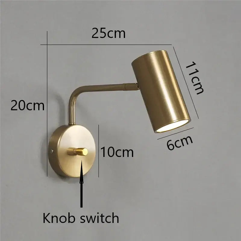 Brass-finished adjustable decorbites led rotatable wall lamp with cylindrical head and circular base for reading
