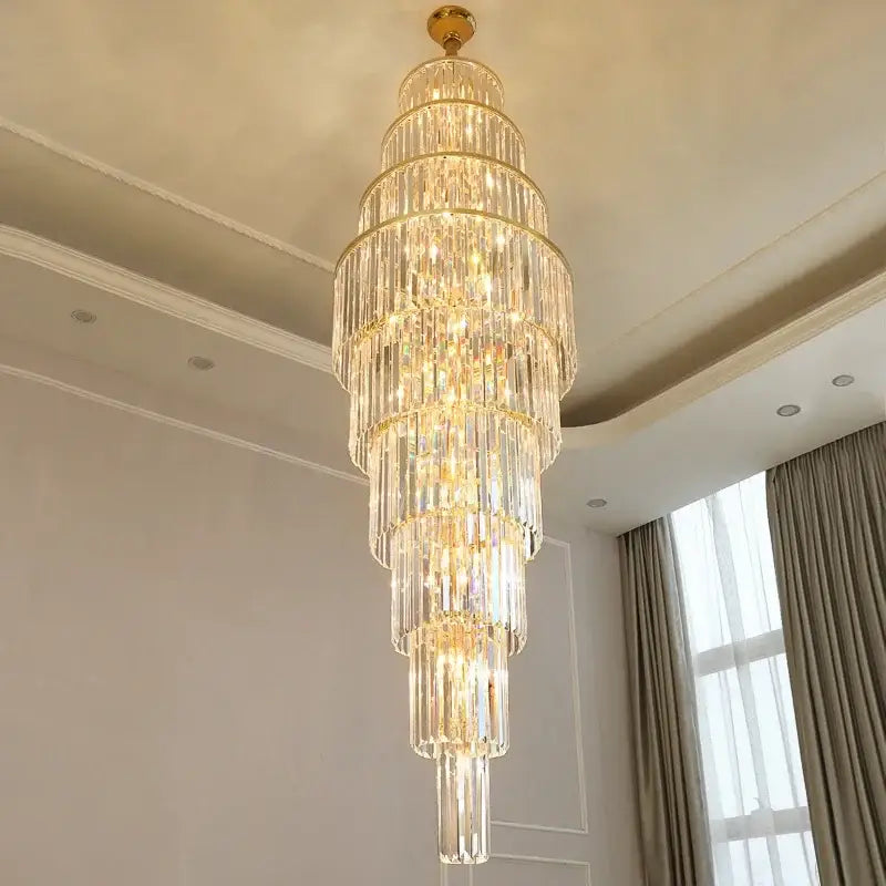 Decorbites™ led rotating staircase chandelier with gold mount and clear glass rods for luxurious duplex living and villa décor