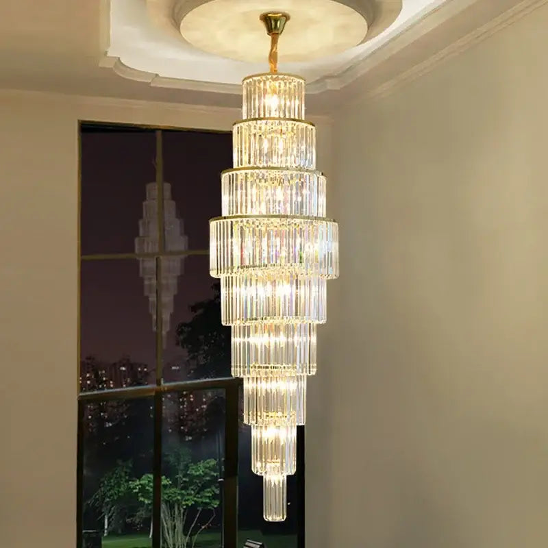 DecorBites™ led rotating staircase chandelier with gold metal frame and cascading glass for luxurious duplex living and villa décor