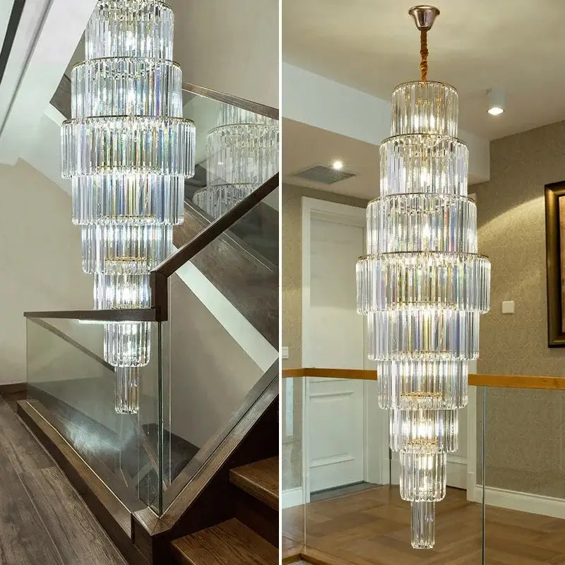 DecorBites™ led rotating staircase chandelier with multi-tiered crystal glass rods and brass finish for luxurious villa décor