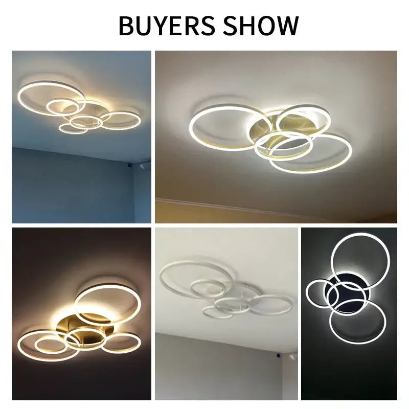 Modern led round ceiling chandelier by DecorBites featuring interlocking white and gold circular rings for living rooms
