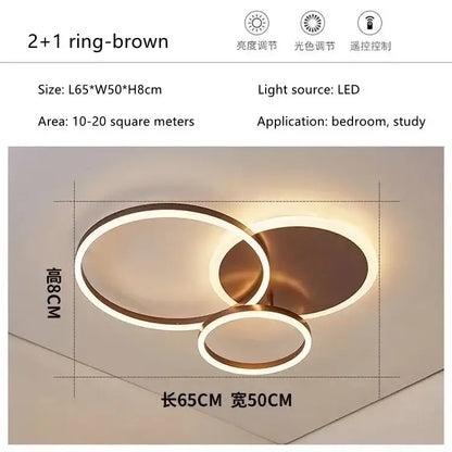 Modern brown led round ceiling chandelier with three overlapping circular rings for living room and bedroom lighting