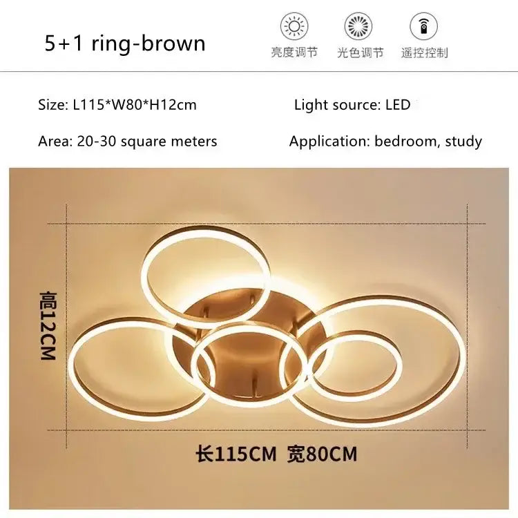Decorbites™ modern brown led round ceiling light with five interlocking circular rings for living room and bedroom