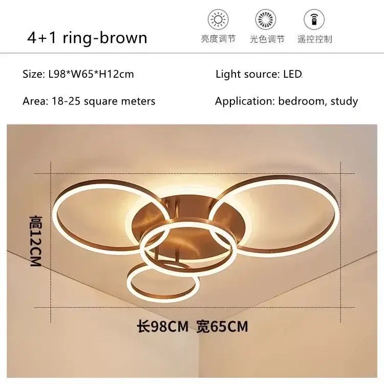 Modern bronze-finished led round ceiling light with four interlocking circular rings for living room and bedroom lighting