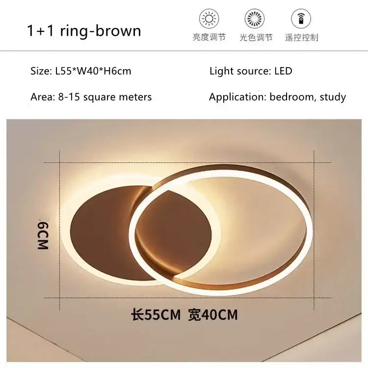 Modern brown led round ceiling chandelier with two interlocking circular rings for living room and bedroom lighting