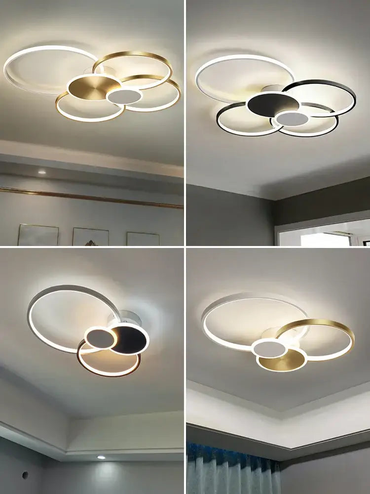DecorBites™ led round ceiling chandelier with interlocking gold black and white rings for modern living room decor