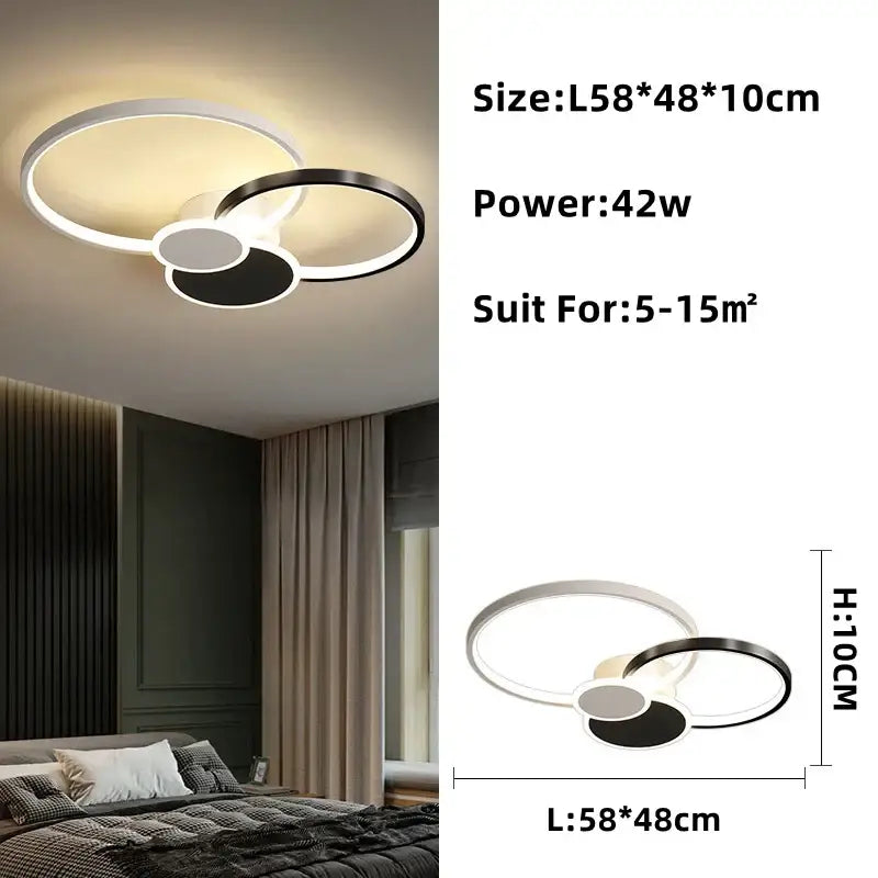 DecorBites™ led round ceiling chandelier with interlocking white and black rings and sleek metallic finish for modern decor
