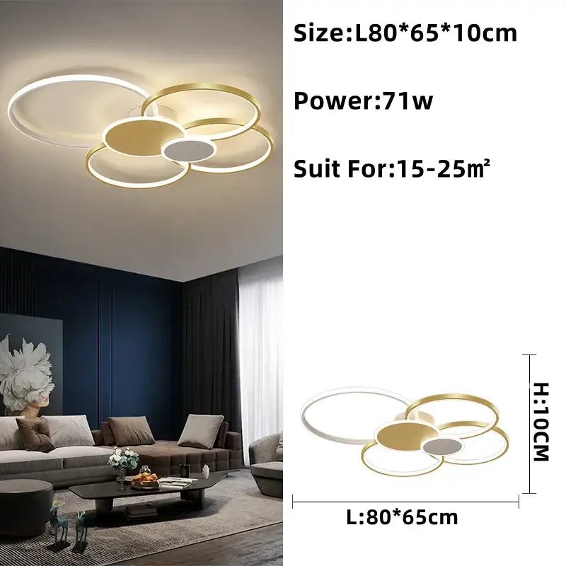 Modern gold and white circular led round ceiling chandelier by DecorBites for stylish living room decor