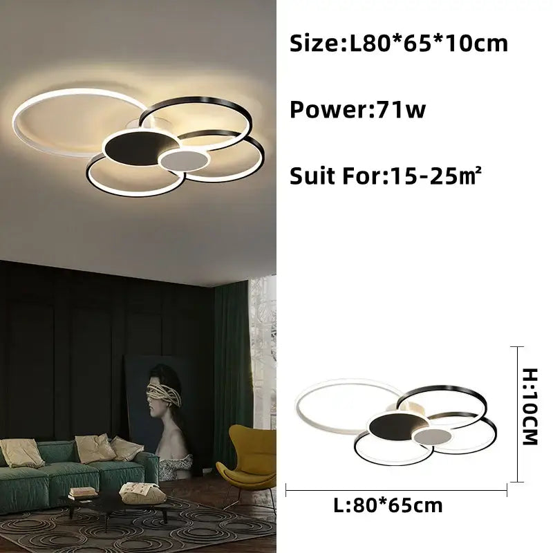 DecorBites™ led round ceiling chandelier with overlapping black white and silver rings for modern living room decor