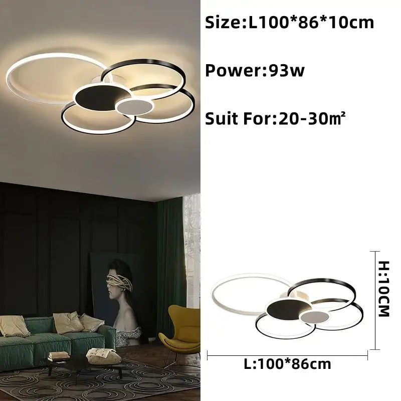 Decorbites led round ceiling chandelier featuring a modern black and white circular overlapping ring design for living room decor
