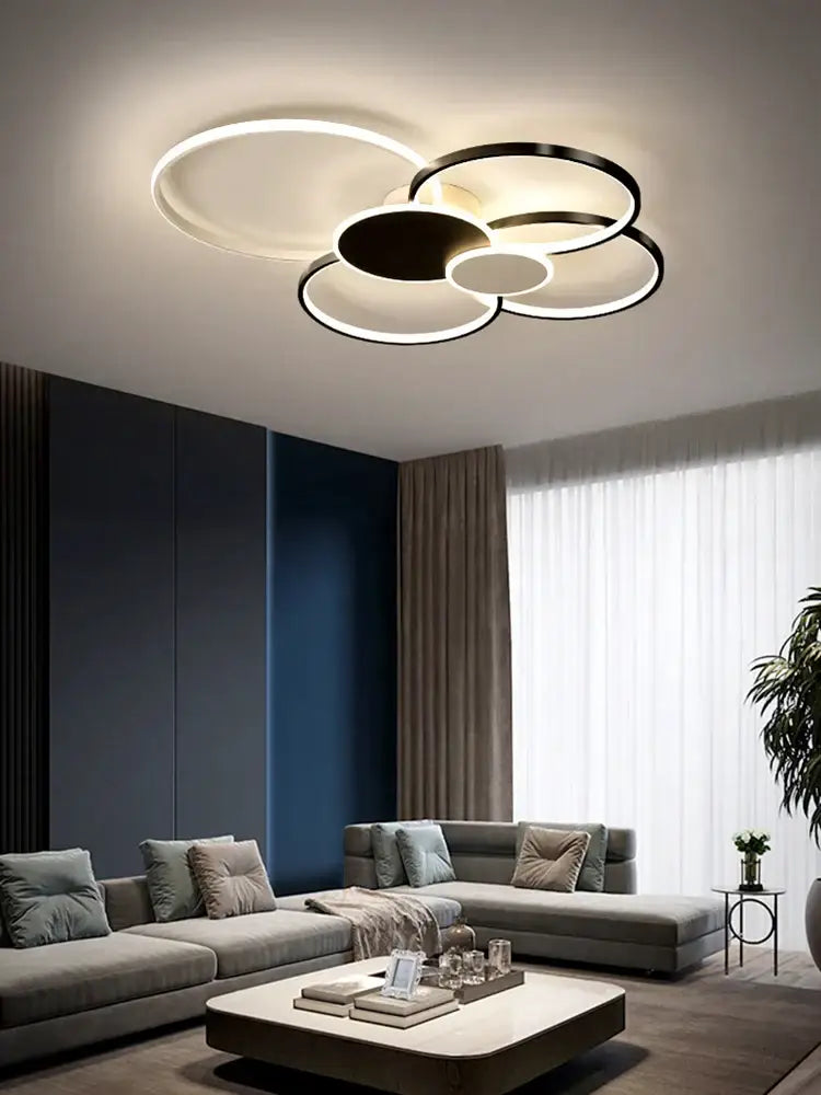 DecorBites™ led round ceiling chandelier with overlapping black and white circular rings for modern living room decor