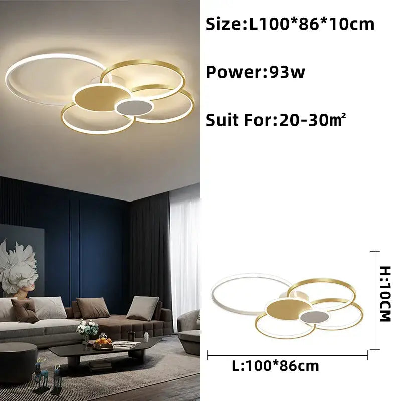 Decorbites™ modern gold and white led round ceiling chandelier with overlapping ring design for living room decor