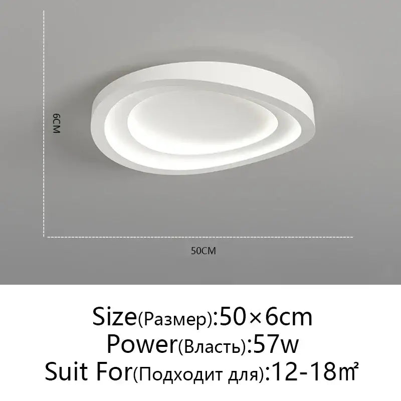 Modern white led round ceiling lamp with sleek oval design and layered rings featuring remote control dimming