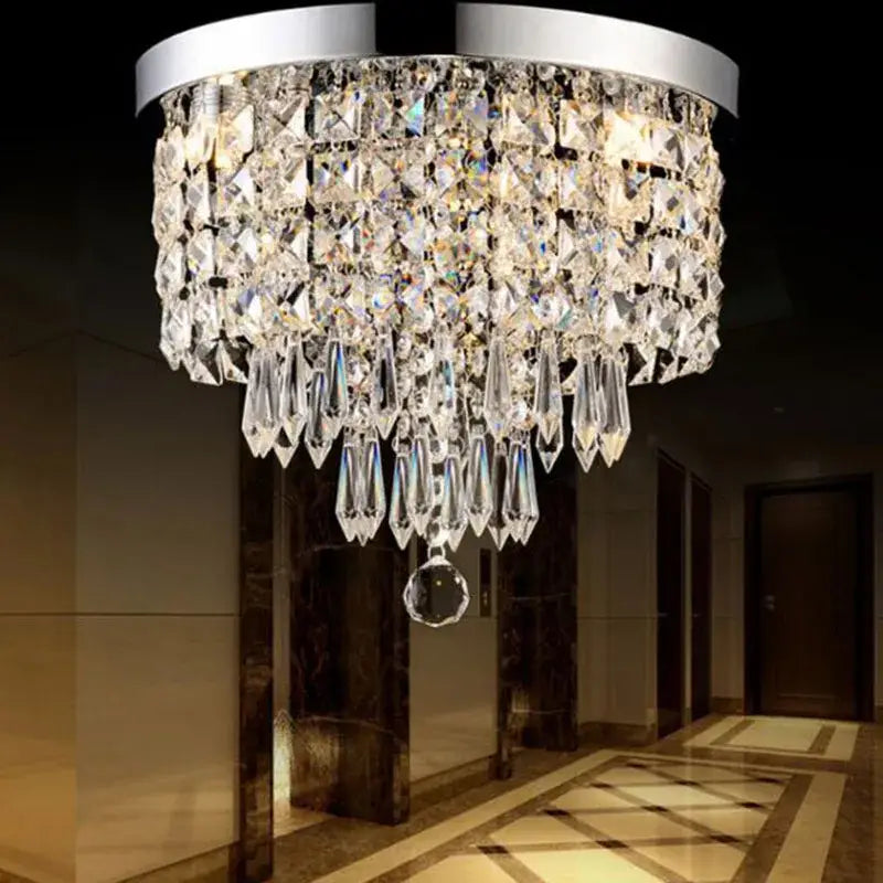 Decorbites™ led round ceiling light with a sleek chrome frame and cascading crystal tiers for bright room lighting solution