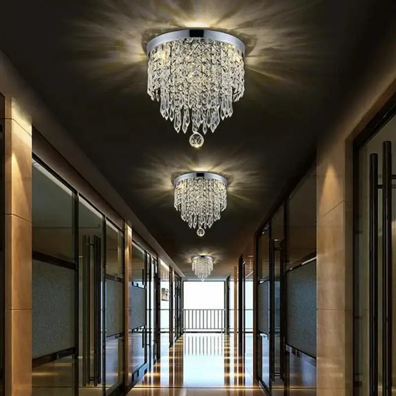 Decorbites™ led round ceiling light with chrome base and cascading clear crystal droplets for bright corridor lighting