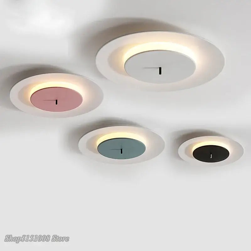 DecorBites™ led round ceiling light with glowing ring and minimalist clock face in pink white teal and black for indoor use