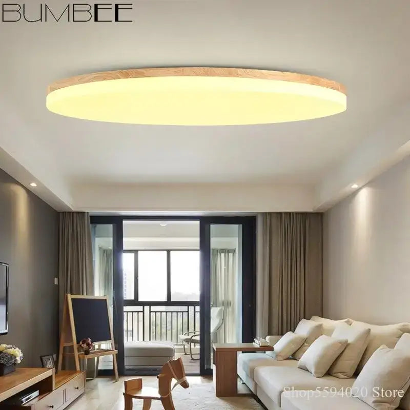 Decorbites™ bumbee led round ceiling light with warm yellow glow and natural wood rim for bedroom and living room