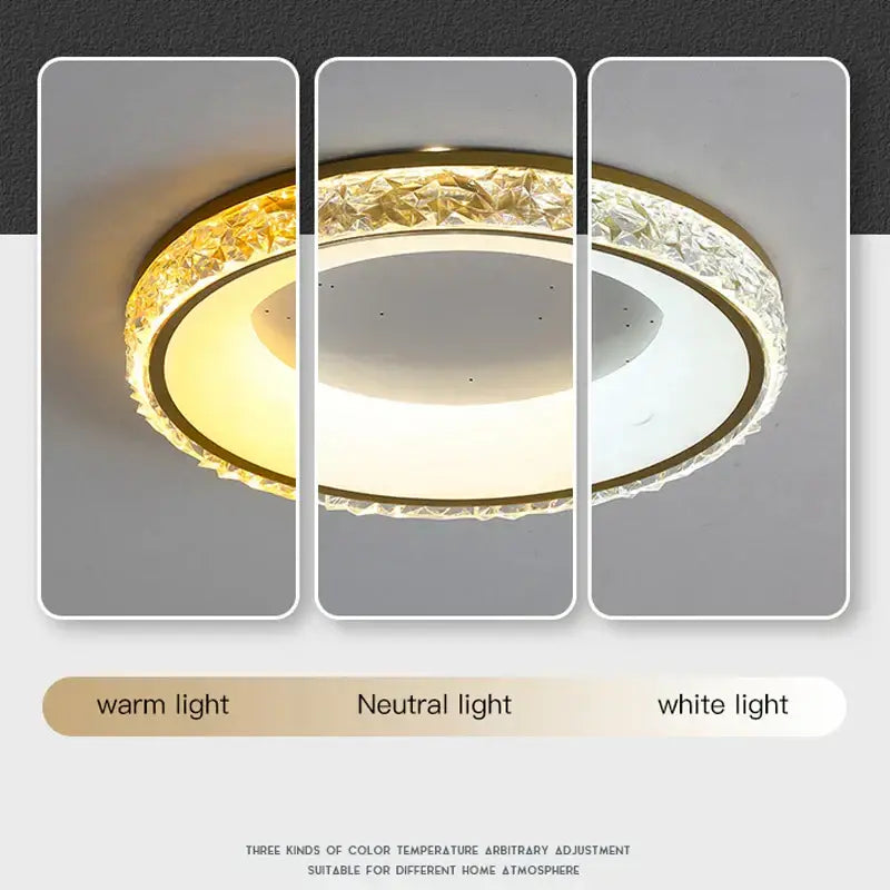 Decorbites™ LED round ceiling light with remote control features a gold metallic frame and faceted crystal outer ring