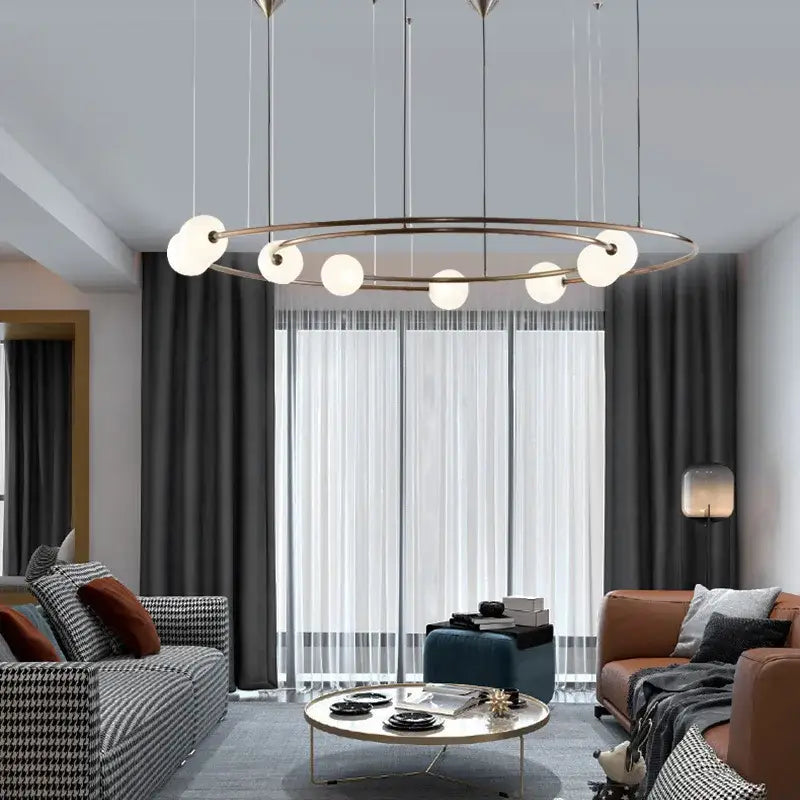 DecorBites™ pendant light with sleek brass frame and white spherical bulbs led round chandelier for living room