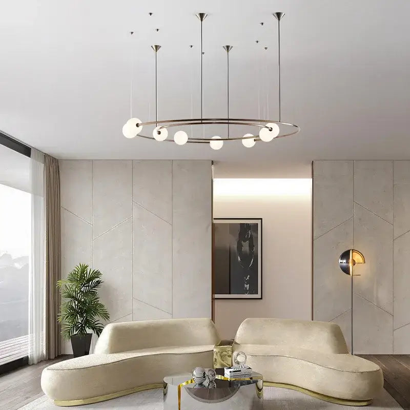 Decorbites™ led round chandelier pendant light with a sleek circular frame and white spherical bulbs for living rooms