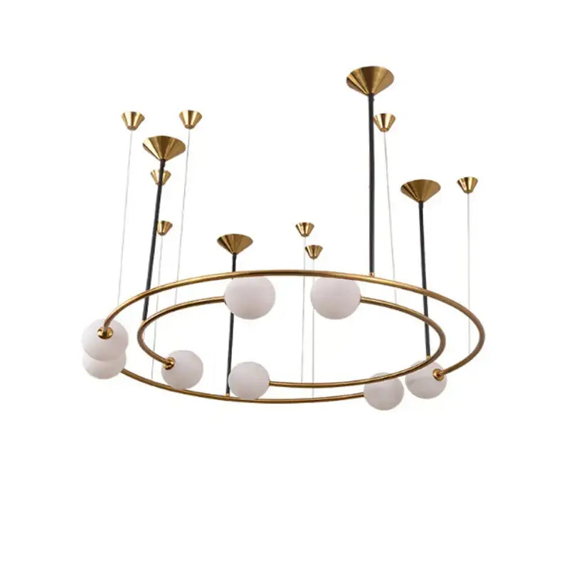 DecorBites™ gold-toned led round chandelier pendant light with concentric frames and frosted globe lights for living room