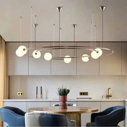 Modern decorbites™ led round chandelier pendant light with sleek metallic frame and frosted glass globe bulbs for living room