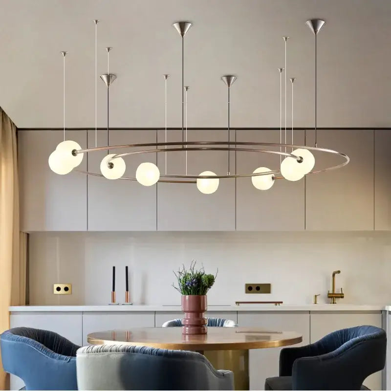 Modern decorbites™ led round chandelier pendant light with sleek metallic frame and frosted glass globe bulbs for living room