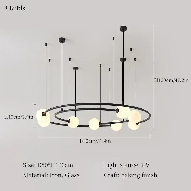 Modern black iron DecorBites™ led round chandelier pendant light with eight frosted glass globes for living room decor