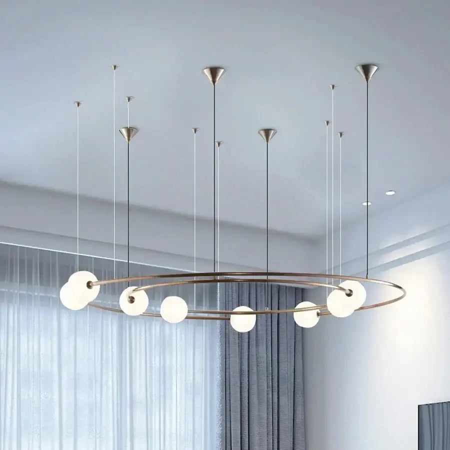 DecorBites™ LED round chandelier pendant light with brass-toned frame and six frosted glass bulbs for living rooms