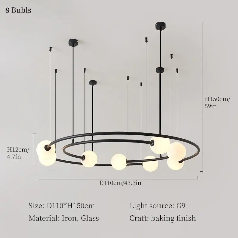 Modern black iron and glass led round chandelier pendant light with eight frosted globe bulbs for living room decor