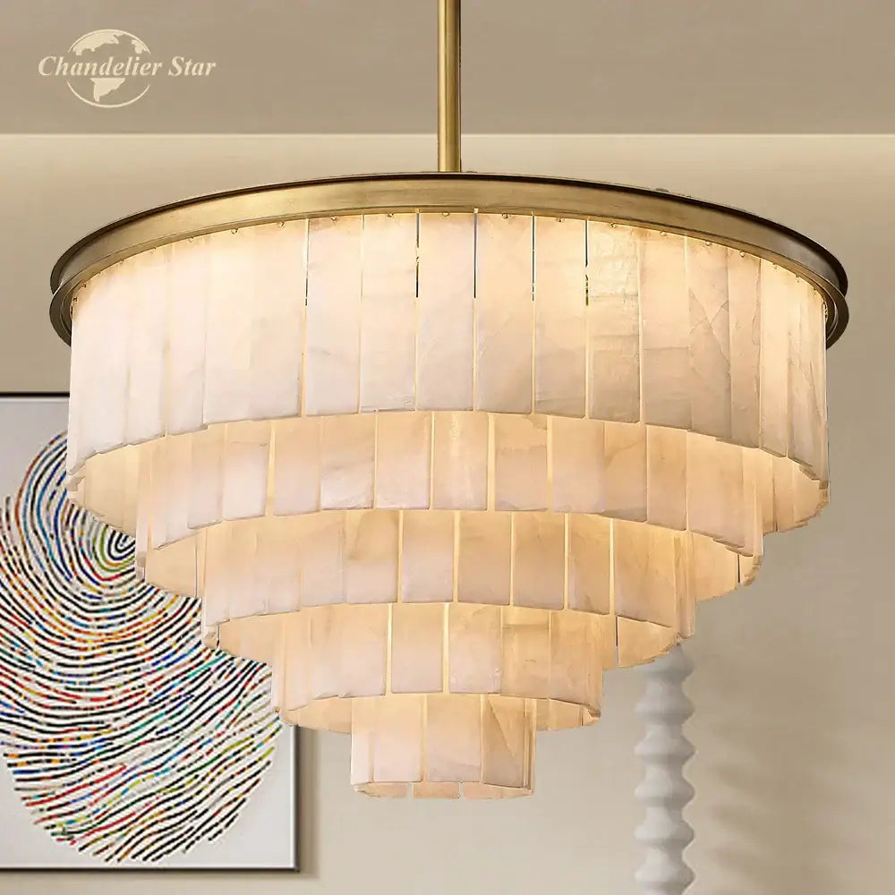 Brass-finished led round glace chandelier with tiered translucent white shell panels for elegant dining room lighting