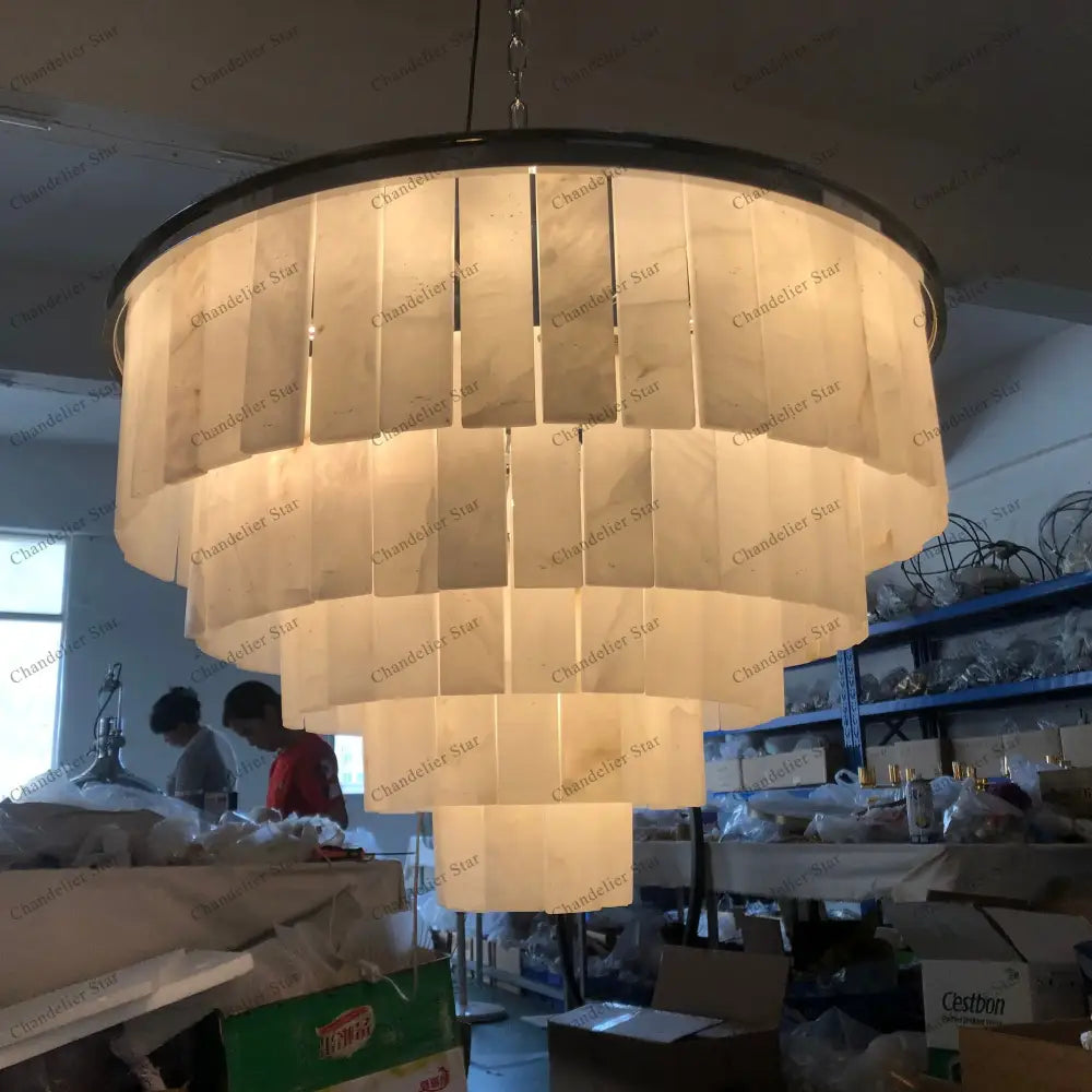 Decorbites™ led round glace calcite chandelier with off-white translucent panels for contemporary dining room lighting