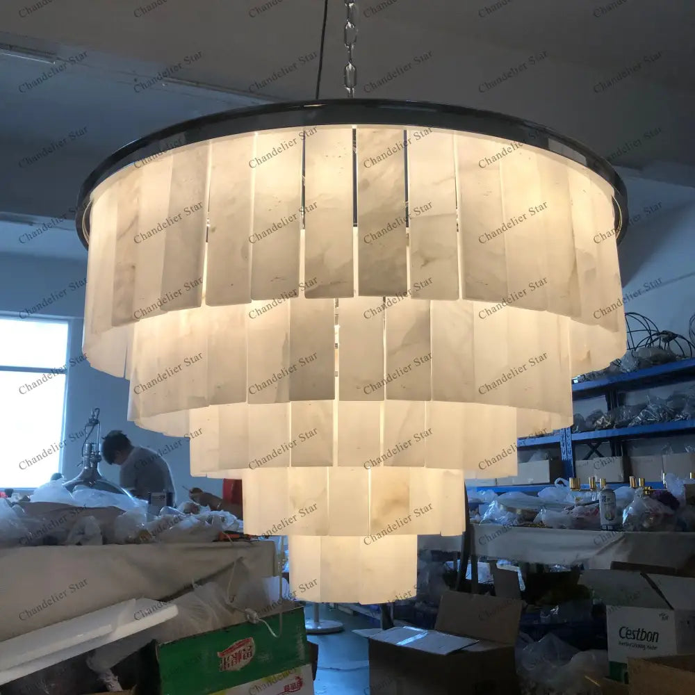 DecorBites™ led round glace calcite chandelier with translucent white marble panels and black metal frame for dining room